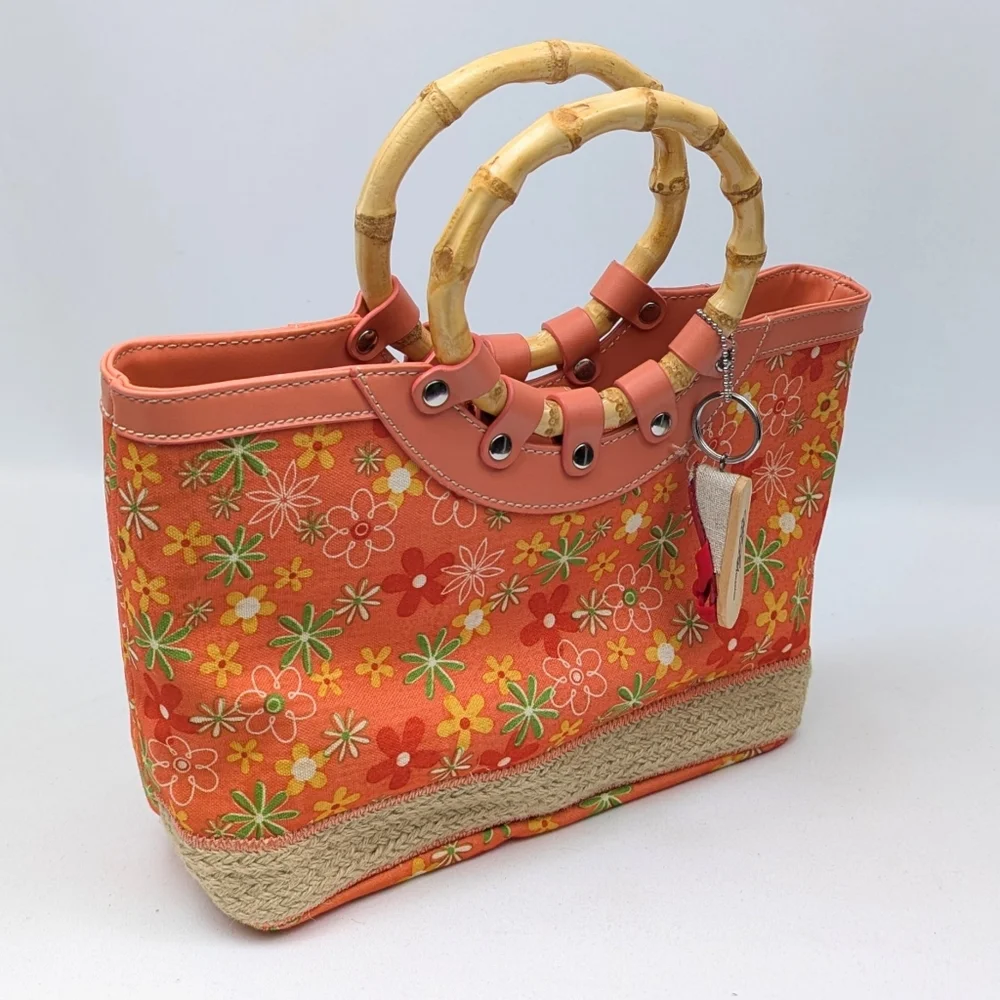 CL America Floral Canvas Tote Bag Faux Bamboo Handles Jute Beachy Coastal Coral